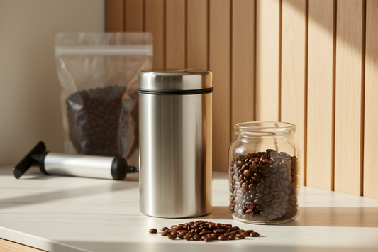 Vakuum Kaffeeaufbewahrung aus Edelstahl hält Kaffeebohnen frisch und aromatisch für Kaffeeliebhaber